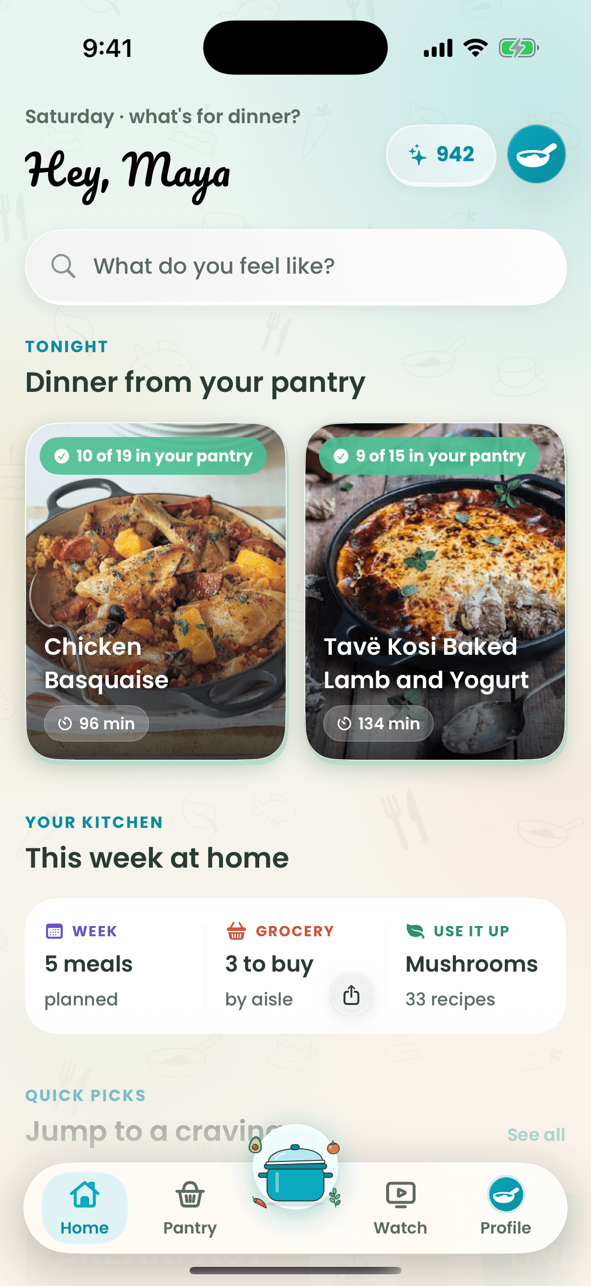 Recipe Wizard home screen with tonight's pantry picks